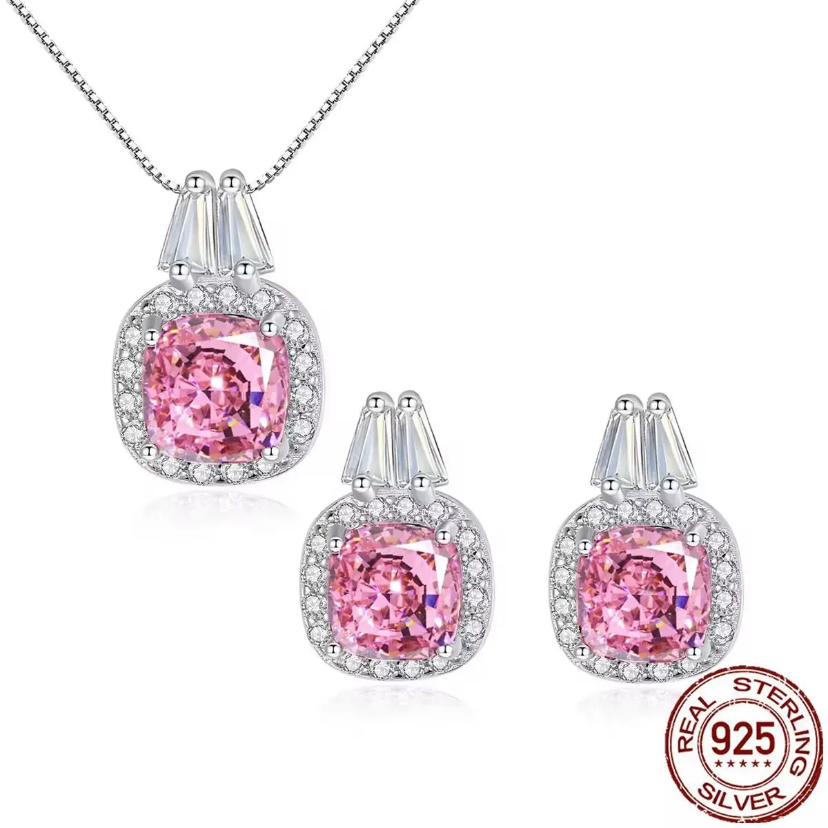 Luxueux 925 Sterling Silver Pink CZ Pendant & Earrings for Date, Gift Box gallery image 5