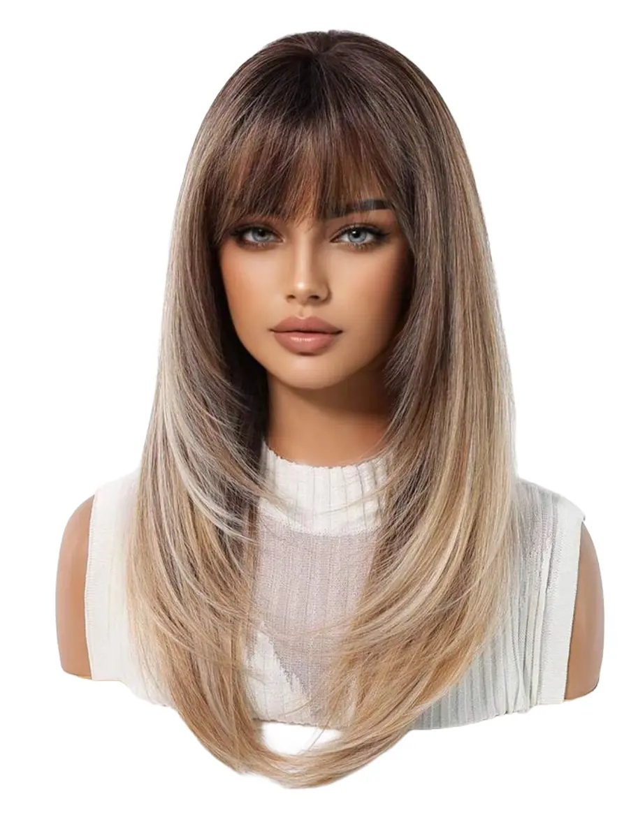 Ombre Blonde Wig with Bangs 150% Density Straight Layered Synthetic Hair XL gallery image 1