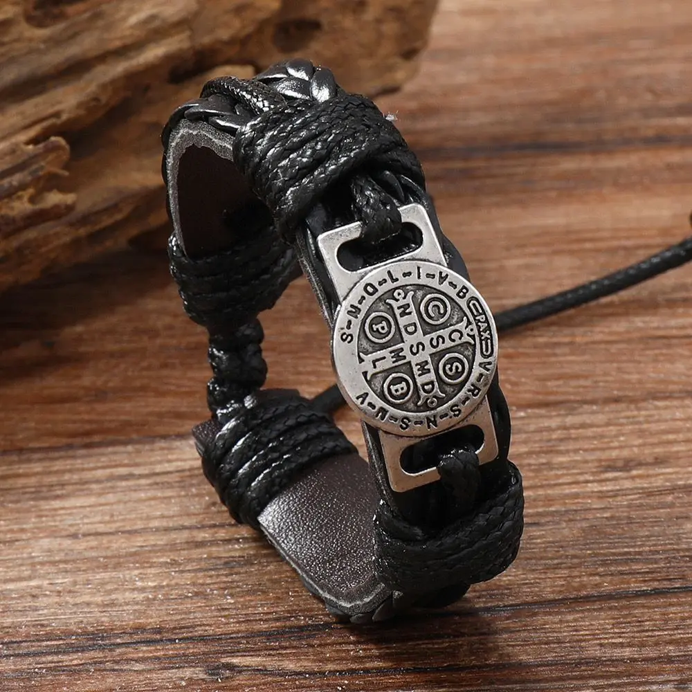 Retro Men's Hand-Woven Leather Bracelet - Adjustable Pull Cord Design - Brown gallery image 3