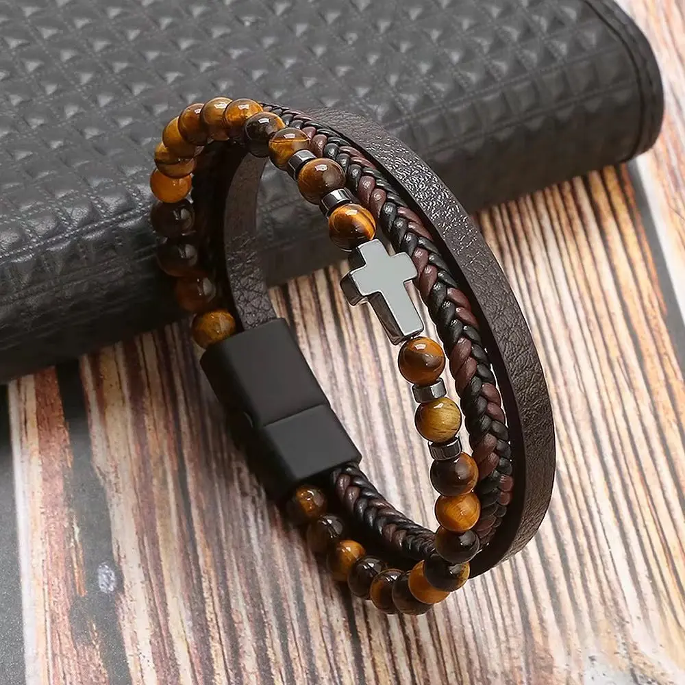 Men's Retro Cross Bracelet | Natural Hematite Stone | Alloy Cord & Leather - Black gallery image 10