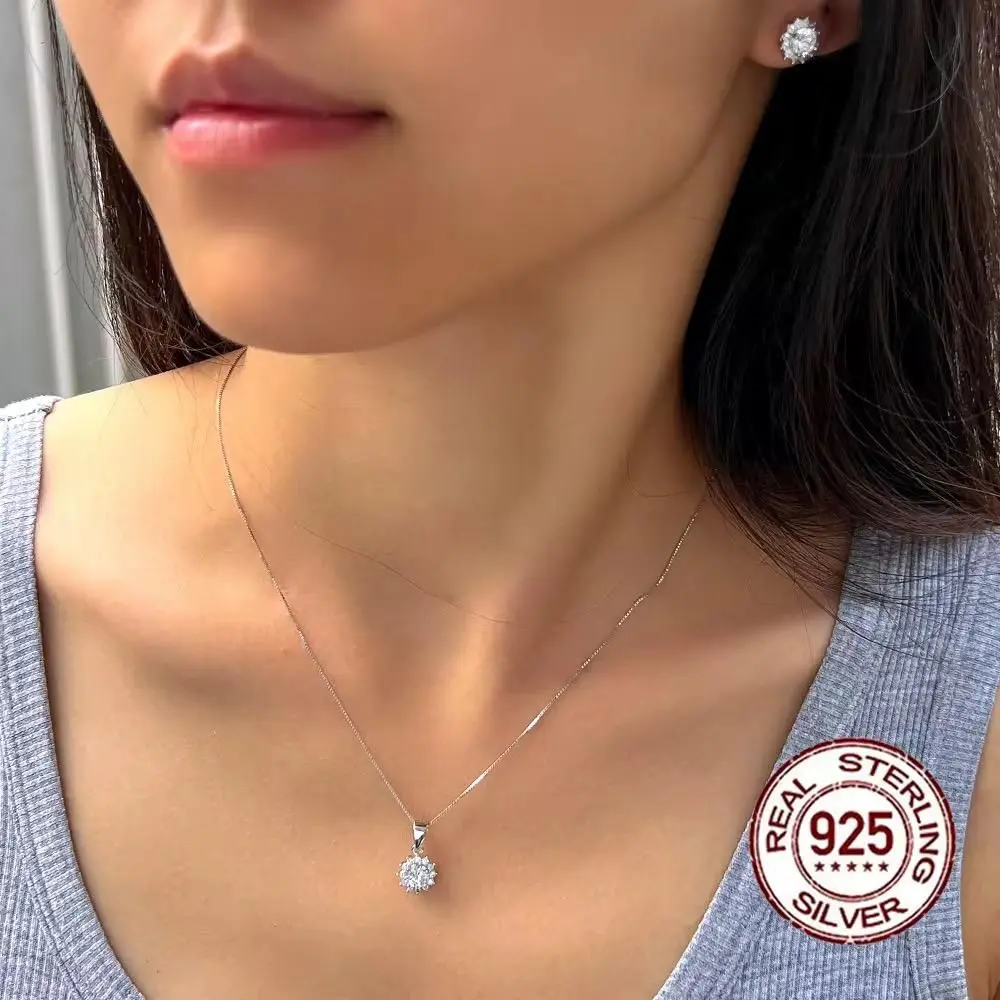 S925 Sterling Silver CZ Pendant Necklace and Earrings Set for Women Jewelry gallery image 4