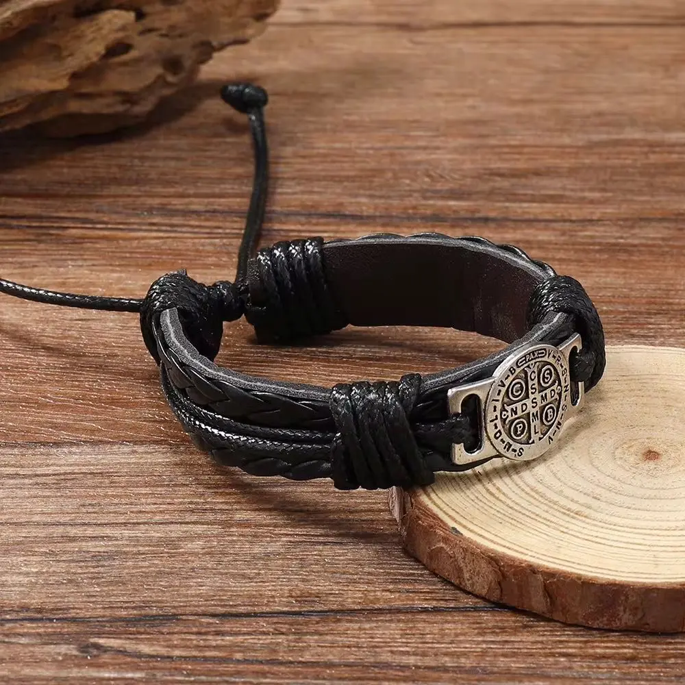 Retro Men's Hand-Woven Leather Bracelet - Adjustable Pull Cord Design - Brown gallery image 2