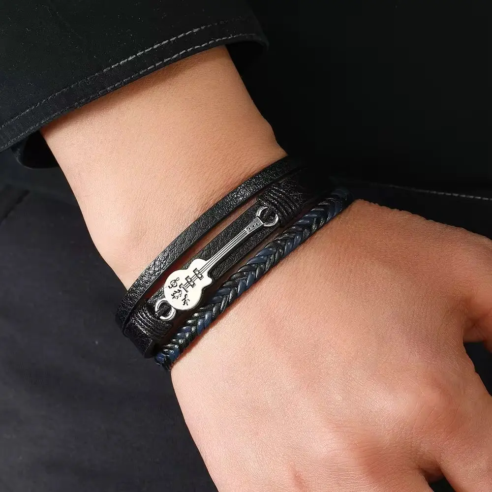 Original Guitar Design Men's Bracelet - Alloy & Leather Cord Wristband - Brown, Silver gallery image 3