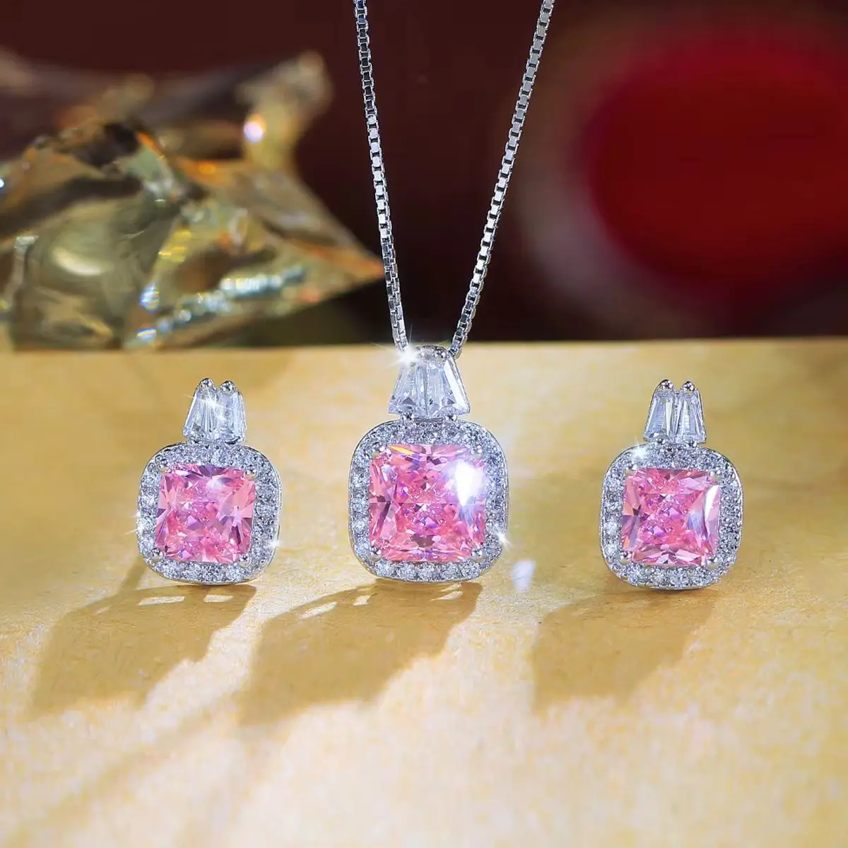 Luxueux 925 Sterling Silver Pink CZ Pendant & Earrings for Date, Gift Box gallery image 2