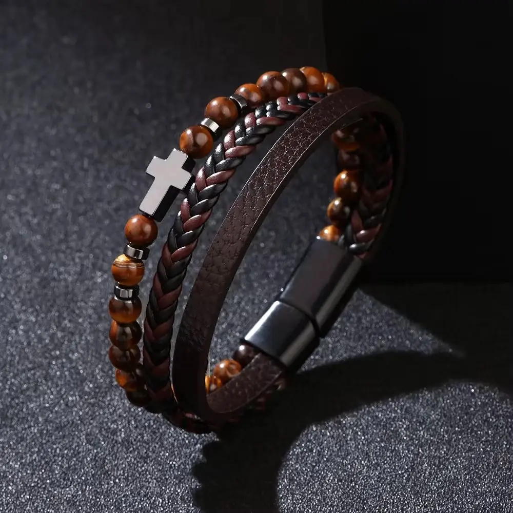 Men's Retro Cross Bracelet | Natural Hematite Stone | Alloy Cord & Leather - Black gallery image 12