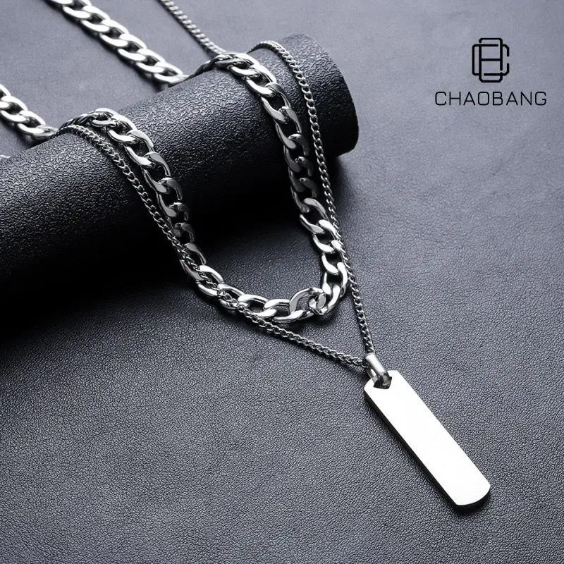 Men's Titanium Steel Tag Pendant Necklace - Classic Geometric Chain Jewelry gallery image 2