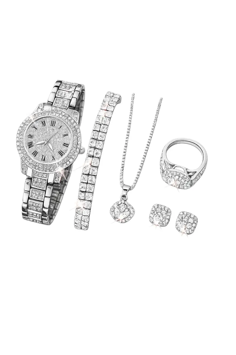 Luxury 6-Piece Silver-Tone Women's Quartz Watch & Jewelry Gift Set gallery image 1