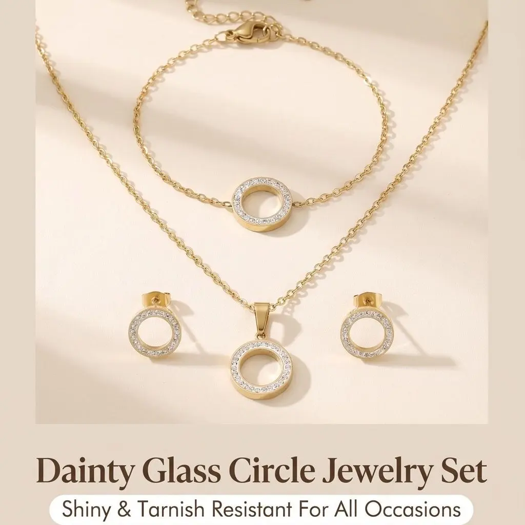 18K Gold PVD Geometric Jewelry Set for Women with Glass Inlay Design gallery image 3