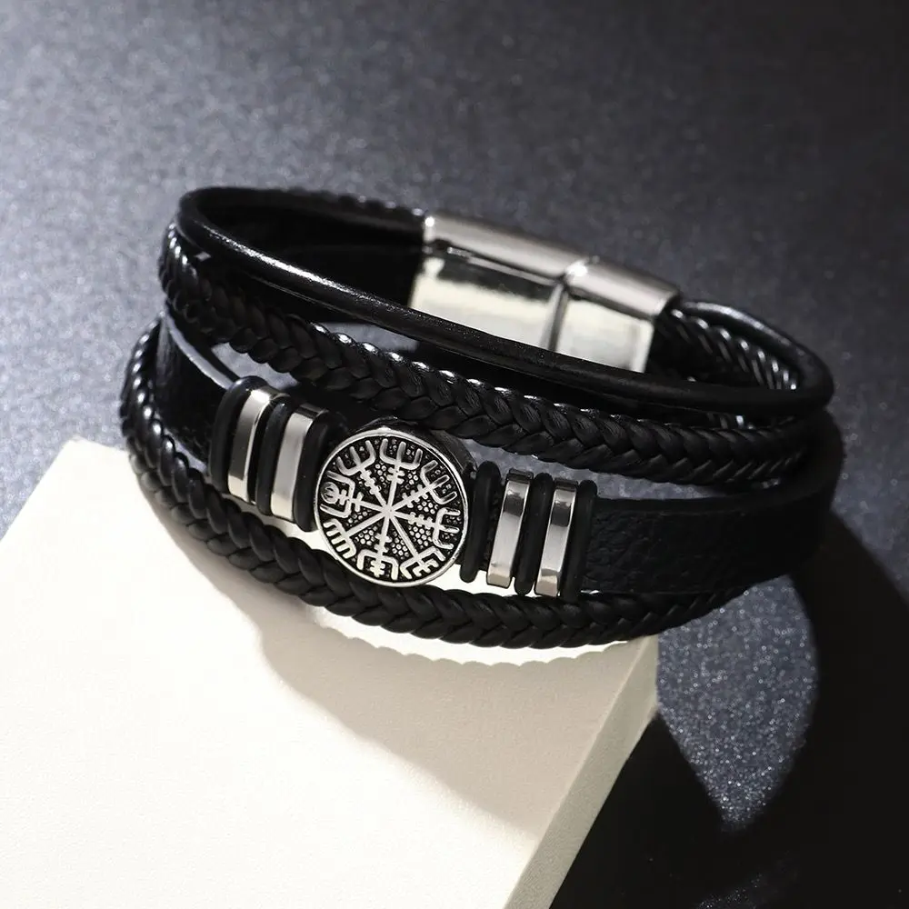 Men's Retro Cross Bracelet | Natural Hematite Stone | Alloy Cord & Leather - Black gallery image 4