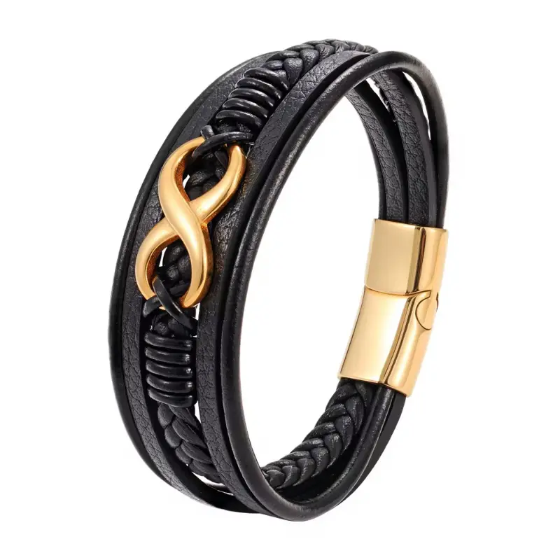 Retro Number Men's Bracelet - Braided Leather & Titanium Steel Bangle - Black, Gold