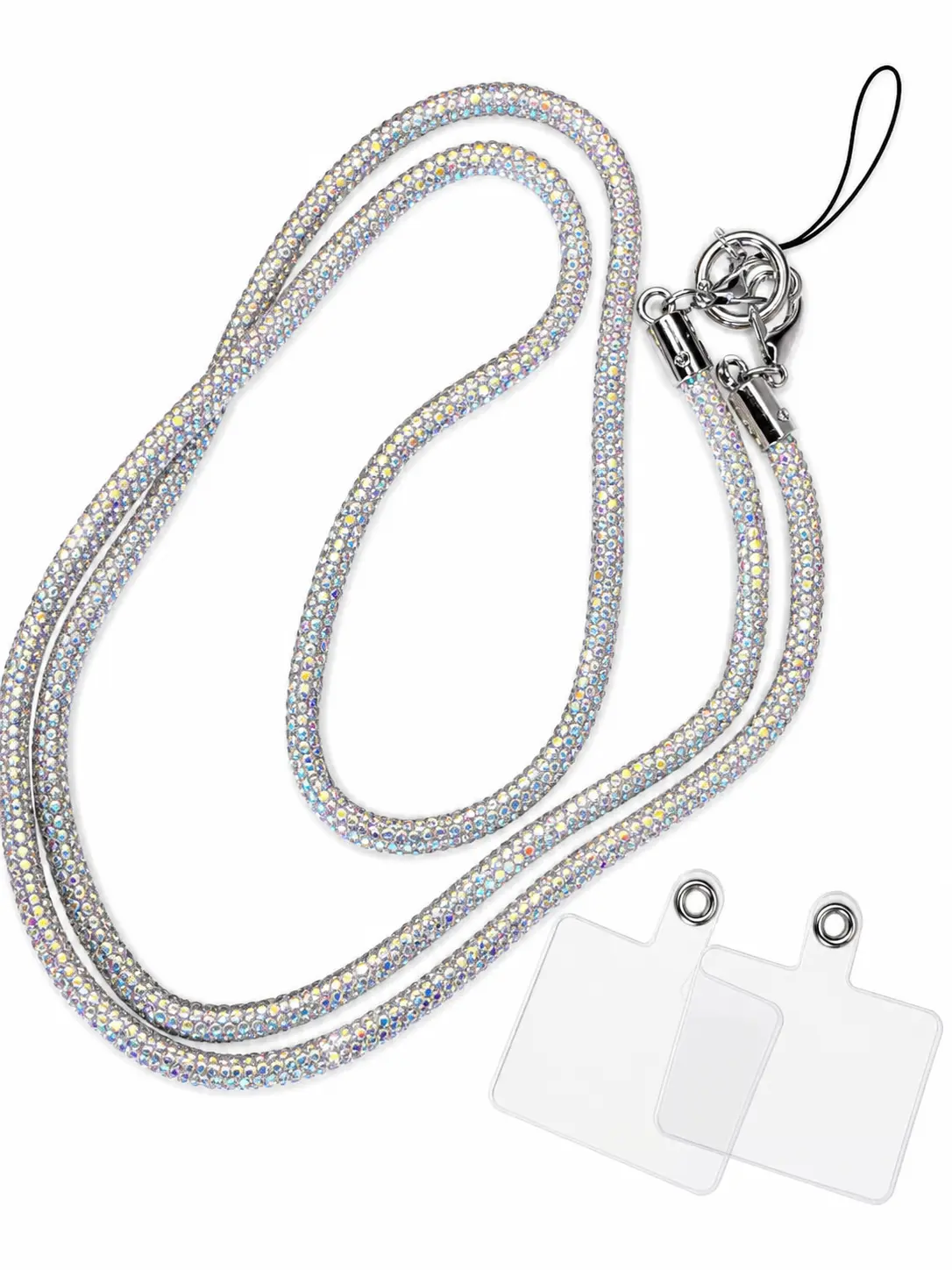 Luxury Baguette Rhinestone Crossbody Phone Lanyard 116 cm with 2 Clips - shining silver