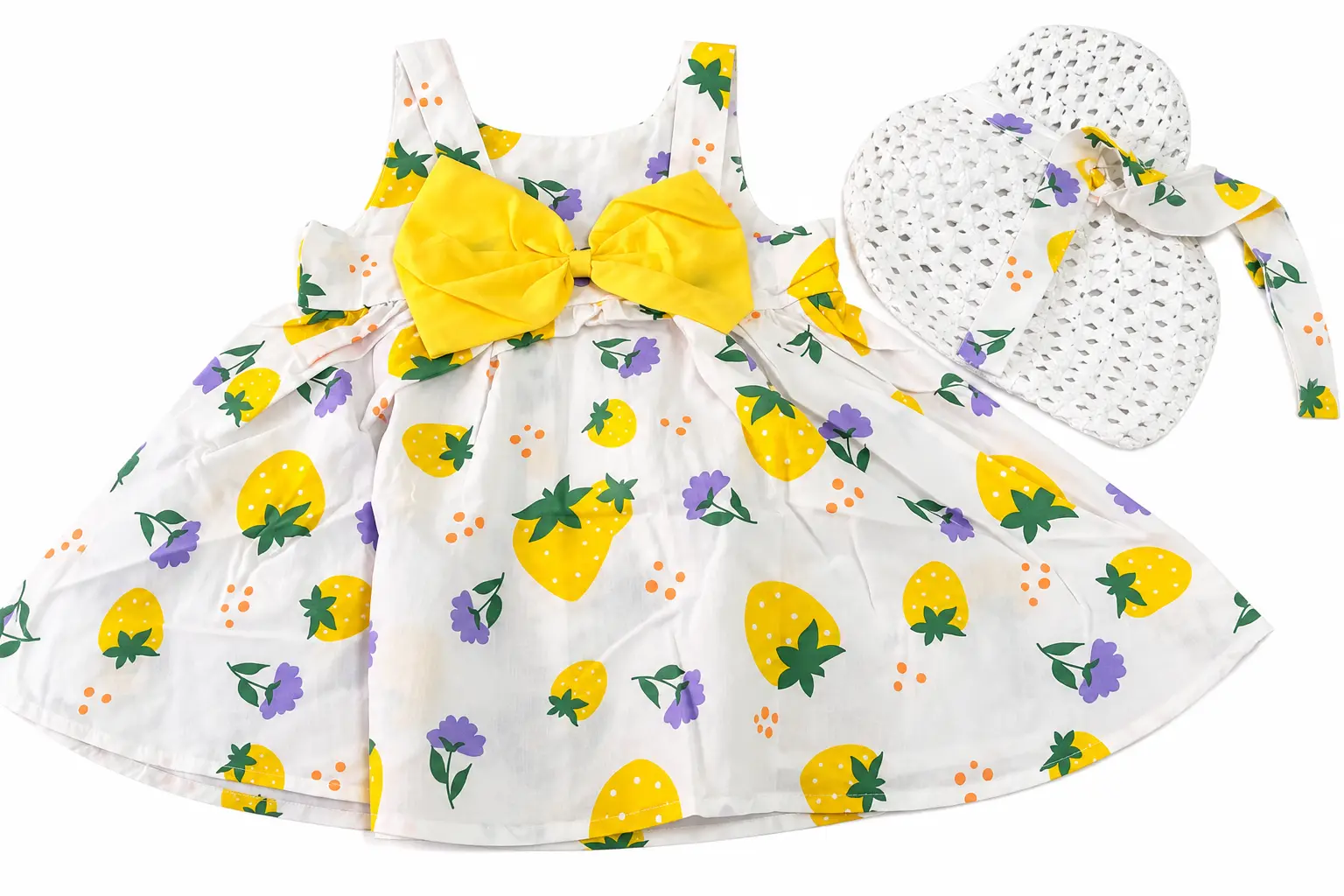 Baby Girls 2-Piece Summer Floral Party Dress & Matching Sun Hat Set - White, Yellow, Purple, Blue blue - 1 year