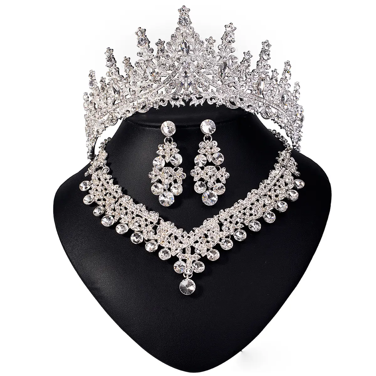 Elegant Silver Crystal Tiara, Necklace, Earrings Jewelry Set for Weddings