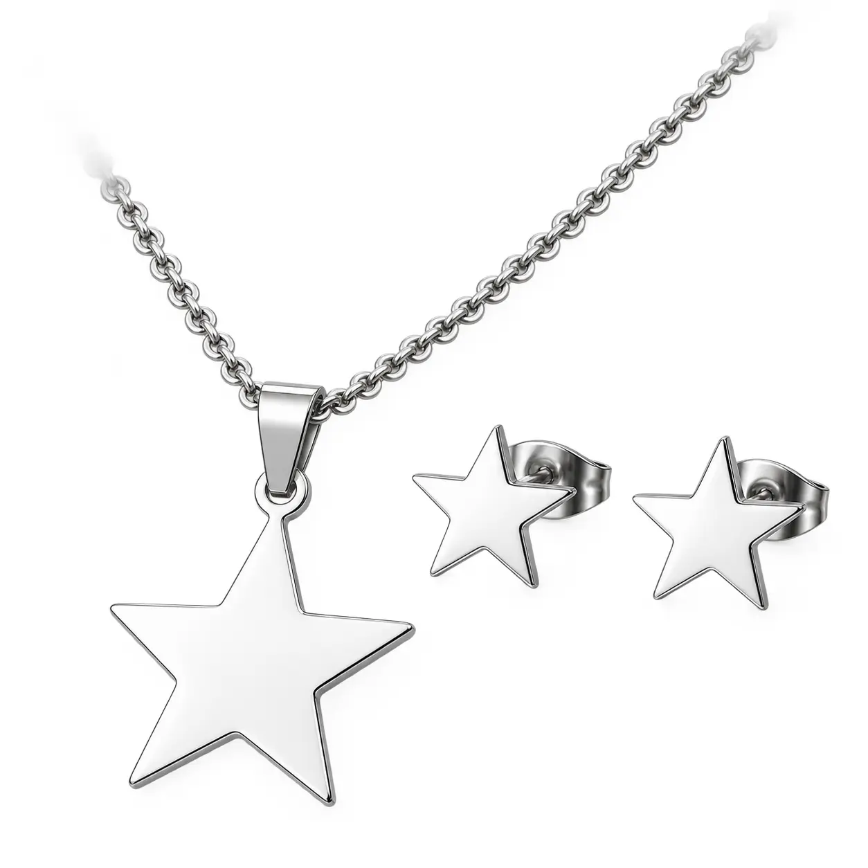 Silver Pentagram Necklace and Earrings Set for Women