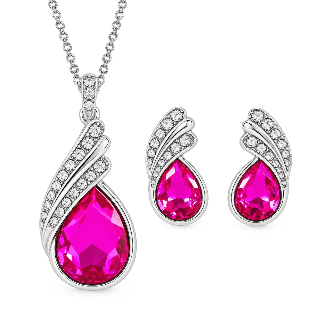 Heart Necklace and Stud Earrings Set for Women - Fuchsia