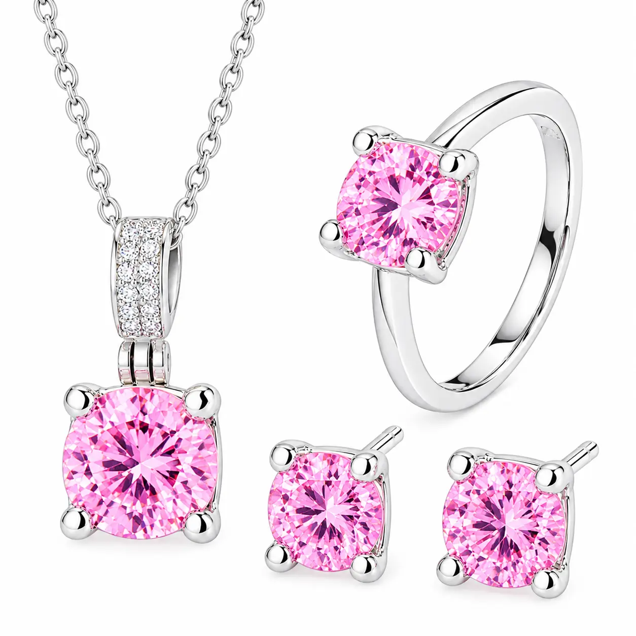 Elegant Crystal Jewelry Set - Ring, Necklace and Stud Earrings - Pink