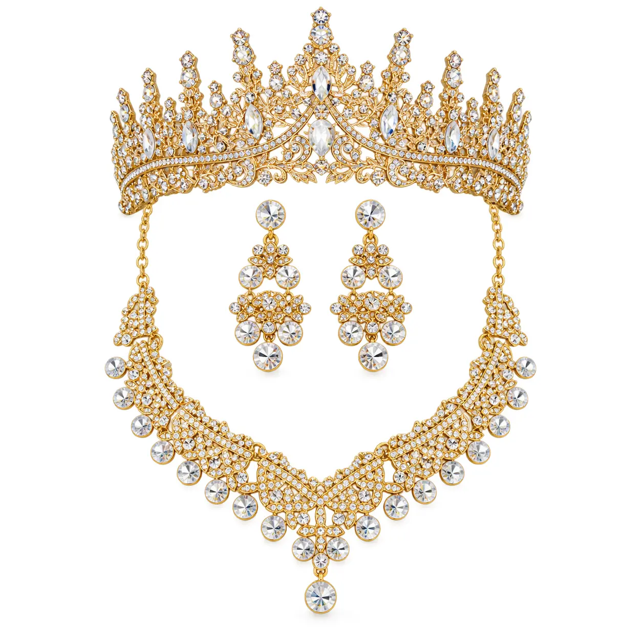 Tiara, Necklace and Earrings Jewellery Set for Women - ZUHE-023 - Gold