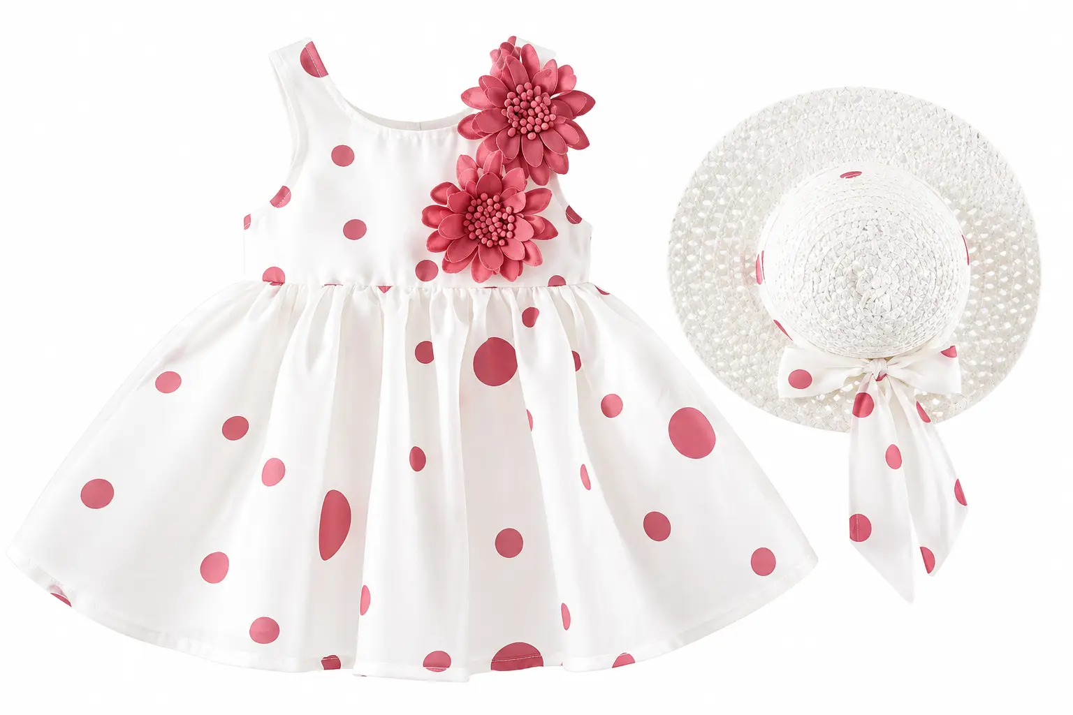 Baby Girls 2-Piece Summer Floral Party Dress & Matching Sun Hat Set - White dress, Pink design - 1 year