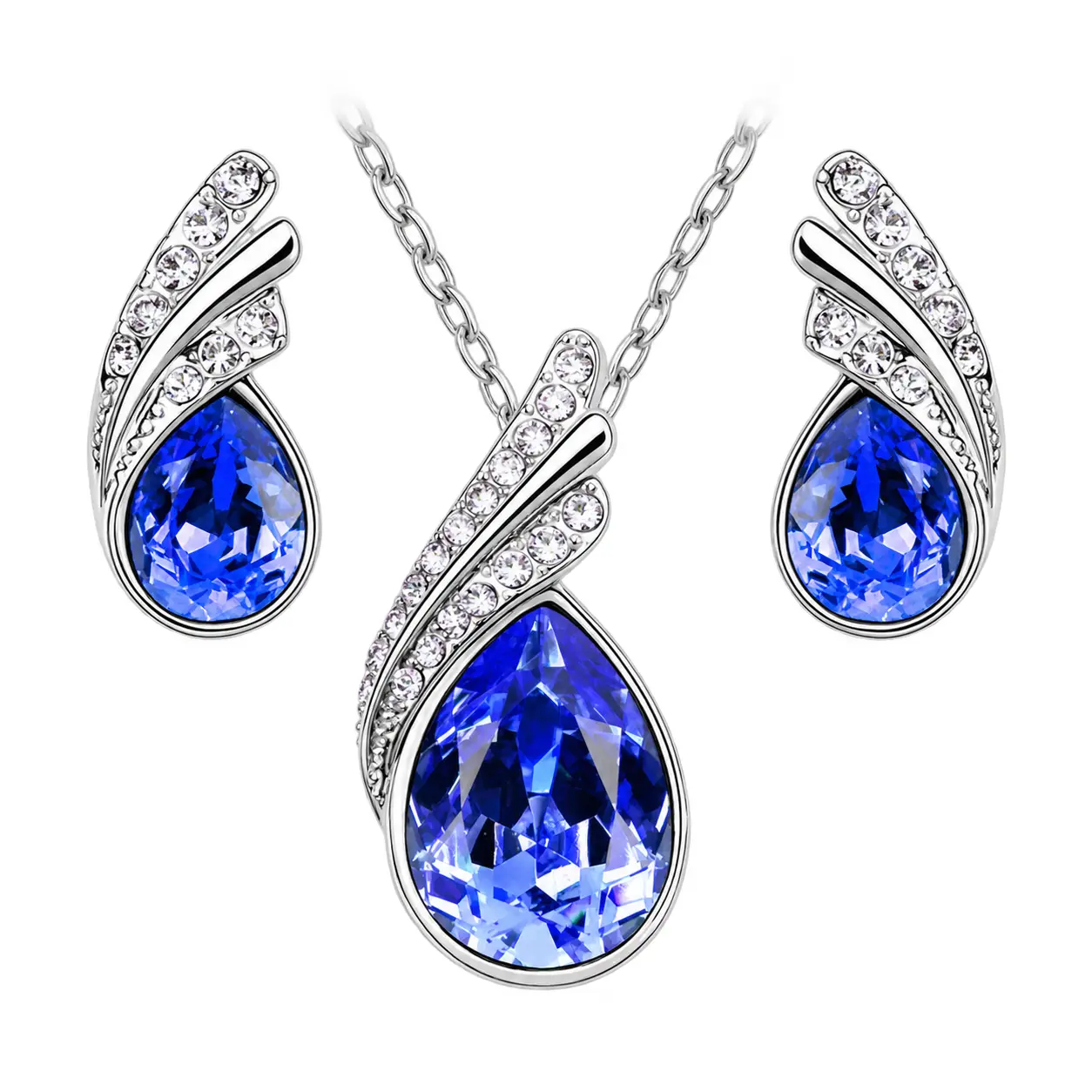 Heart Necklace and Stud Earrings Set for Women - Royal Blue