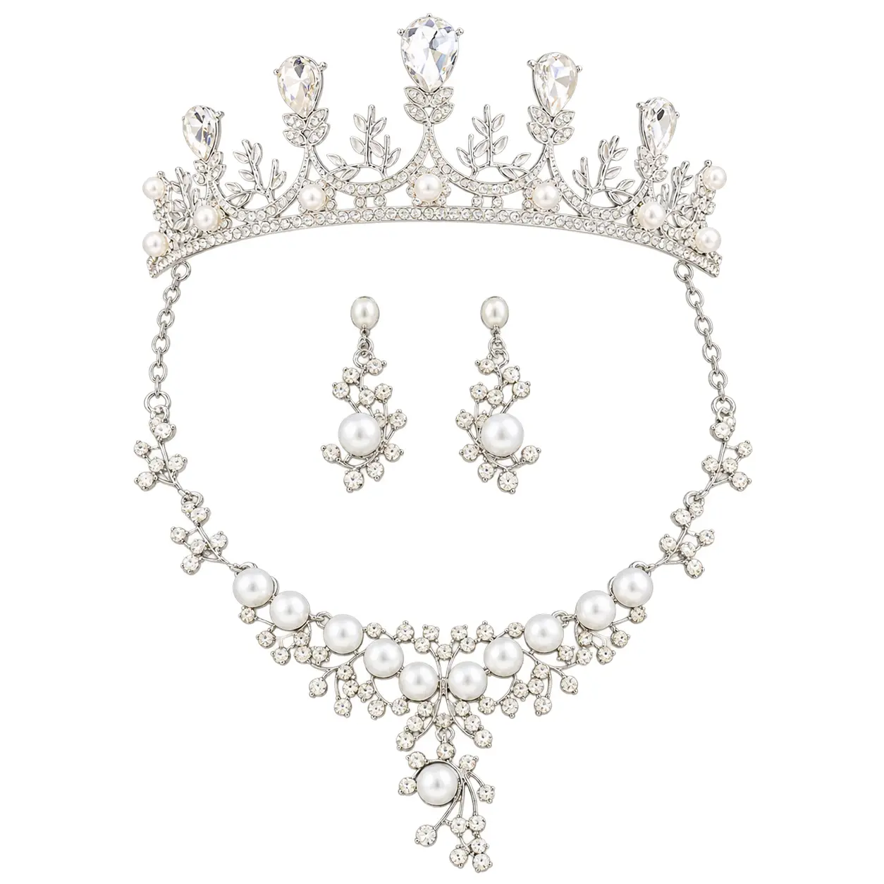 Silver Tiara, Necklace and Earrings Jewellery Set for Women