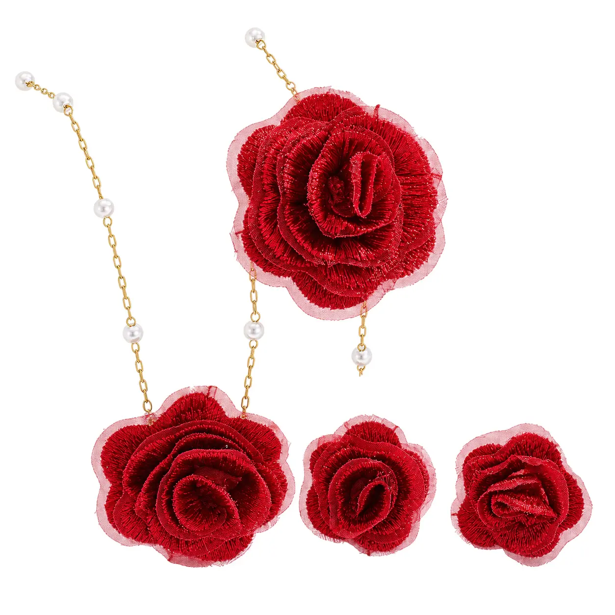 Red Rose Necklace, Bracelet and Earrings Set for Women