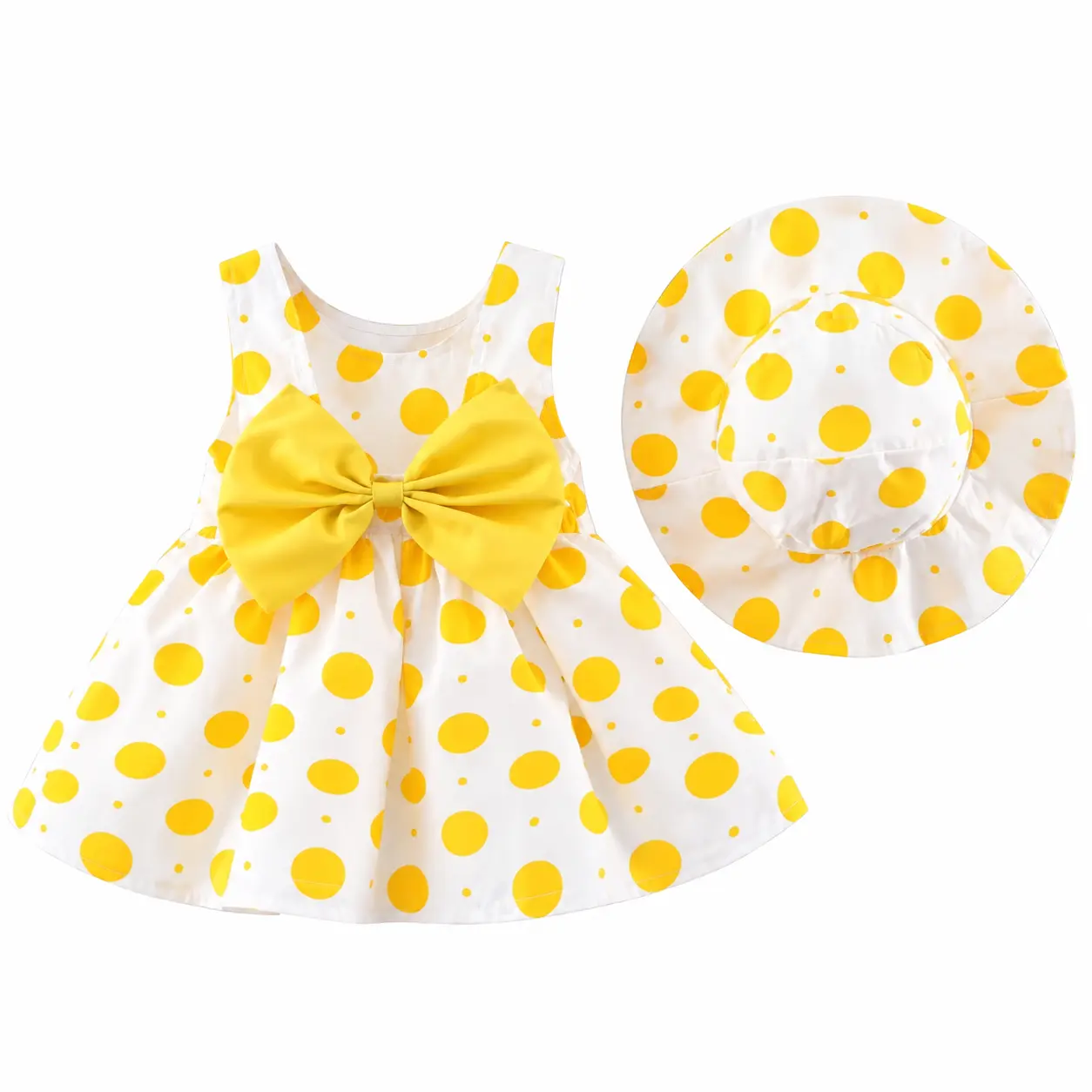 Baby Girls 2-Piece Summer Floral Party Dress & Matching Sun Hat Set - White, Yellow - 1 year