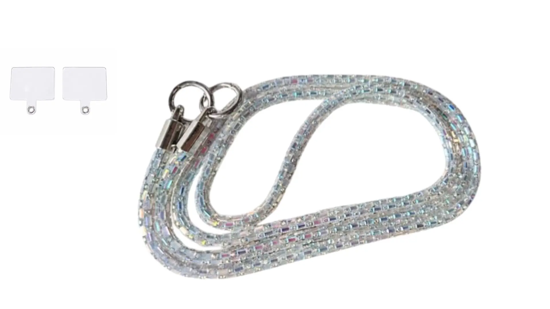 Luxury Baguette Rhinestone Crossbody Phone Lanyard 116 cm with 2 Clips - Silver