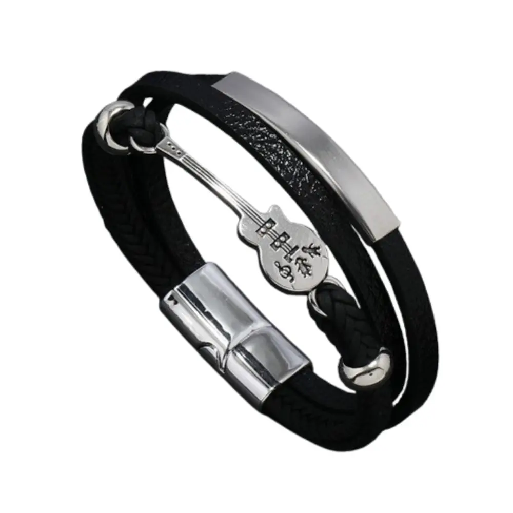 Original Guitar Design Men's Bracelet - Alloy & Leather Cord Wristband - Black, Silver