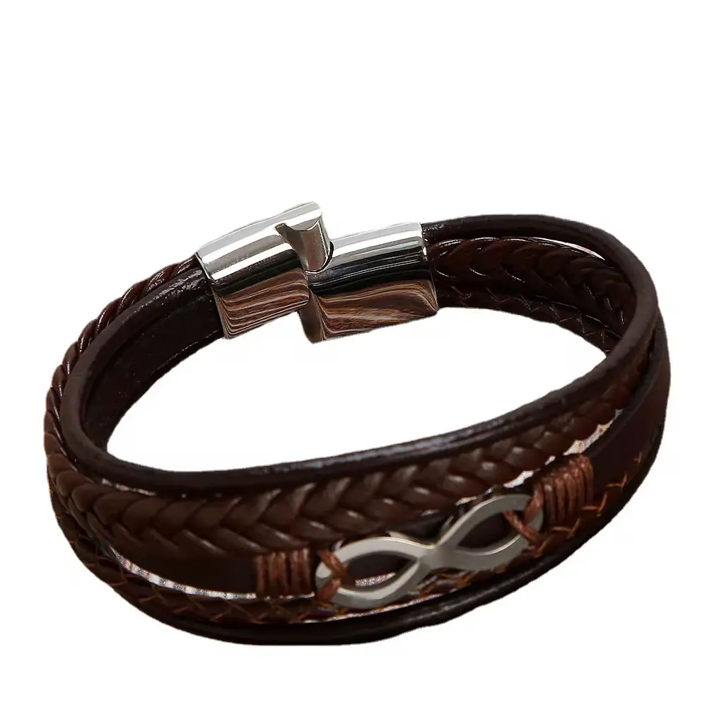 Retro Number Men's Bracelet - Braided Leather & Titanium Steel Bangle - Brown, White