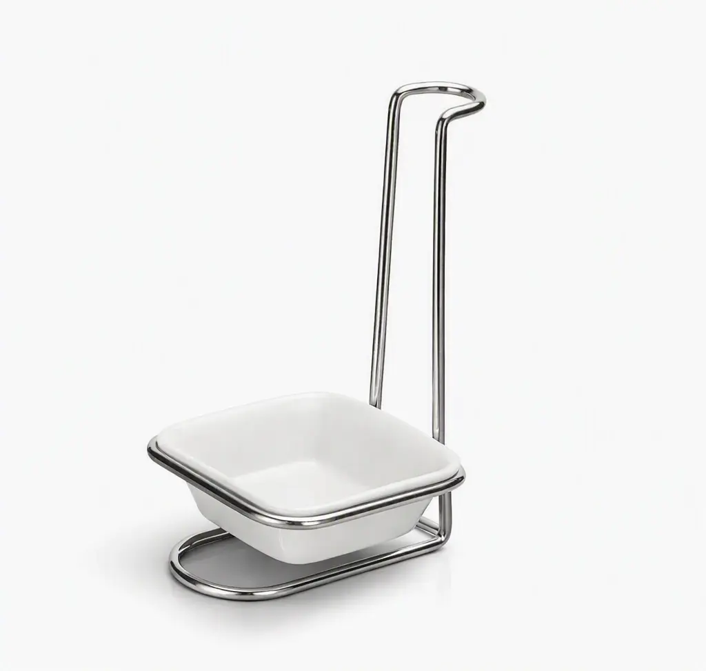 Elegant White Ceramic Condiment Bowl & Spoon Rest with Premium Metal Stand! - Silver, White