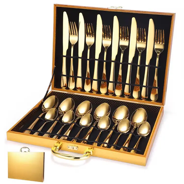 24-Piece Gold Stainless Steel Cutlery Set in Elegant Golden Gift Box