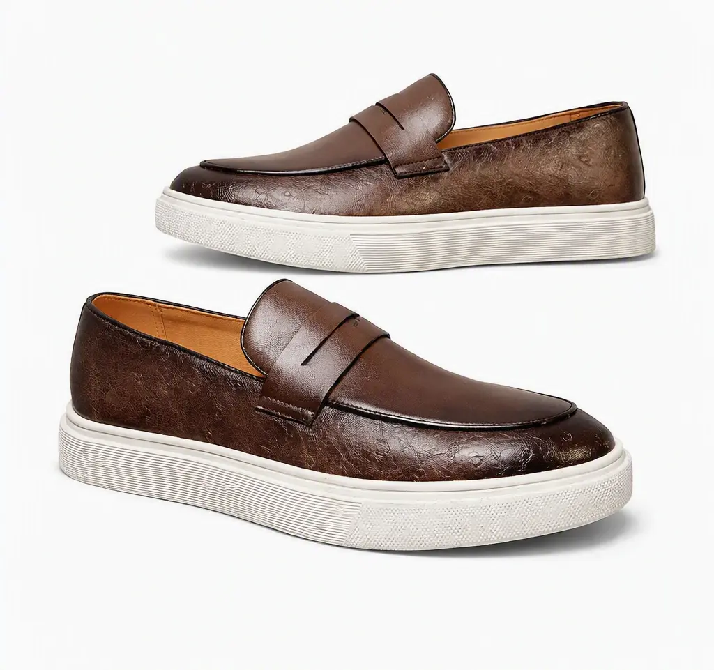 Men's British Style PU Leather Loafers - Breathable Casual Slip-On Shoes - Brown