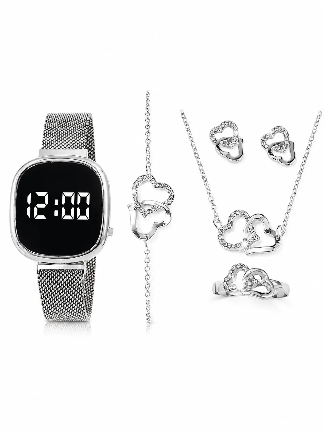 Modern Silver Teardrop Watch & Jewelry Set - Elegant Matching Collection - Heart shape
