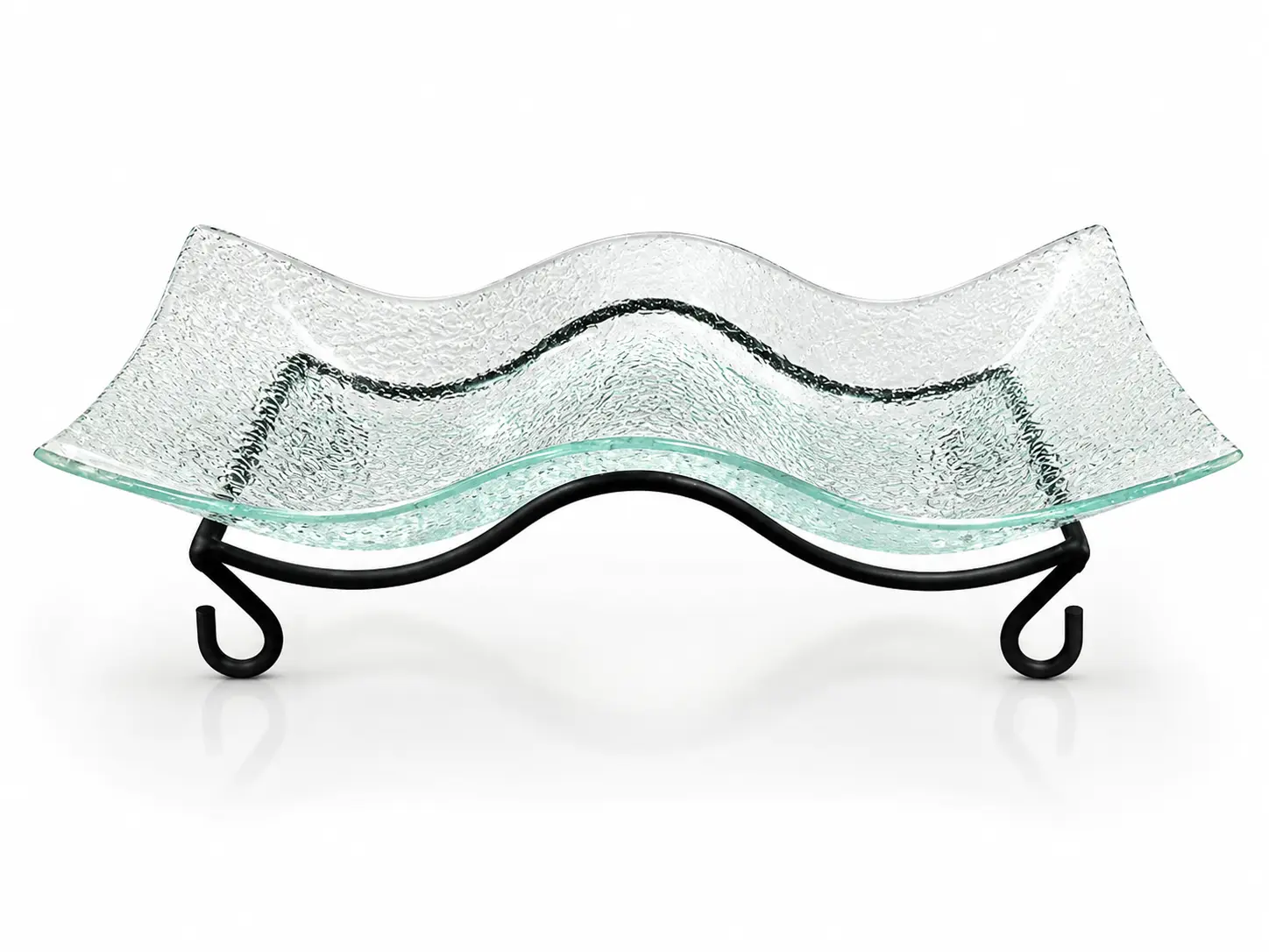 Elegant Wavy Glass Serving Tray with Decorative Black Metal Stand