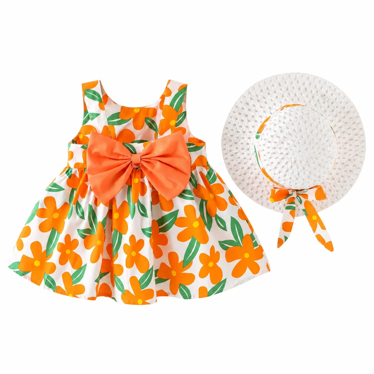 Baby Girls 2-Piece Summer Floral Party Dress & Matching Sun Hat Set - Orange, White, Green - 1 year