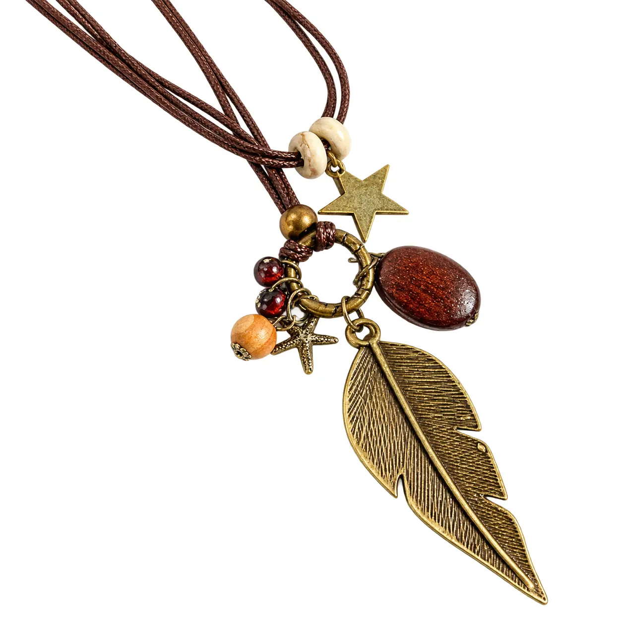 Vintage Style Feather Beading Sweater Chain Necklace for Women in Bronze