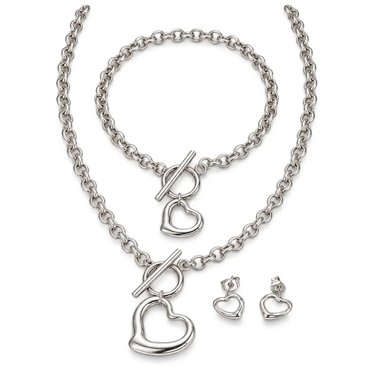 Heart Jewellery Set - Necklace, Bracelet and Earrings - Silver