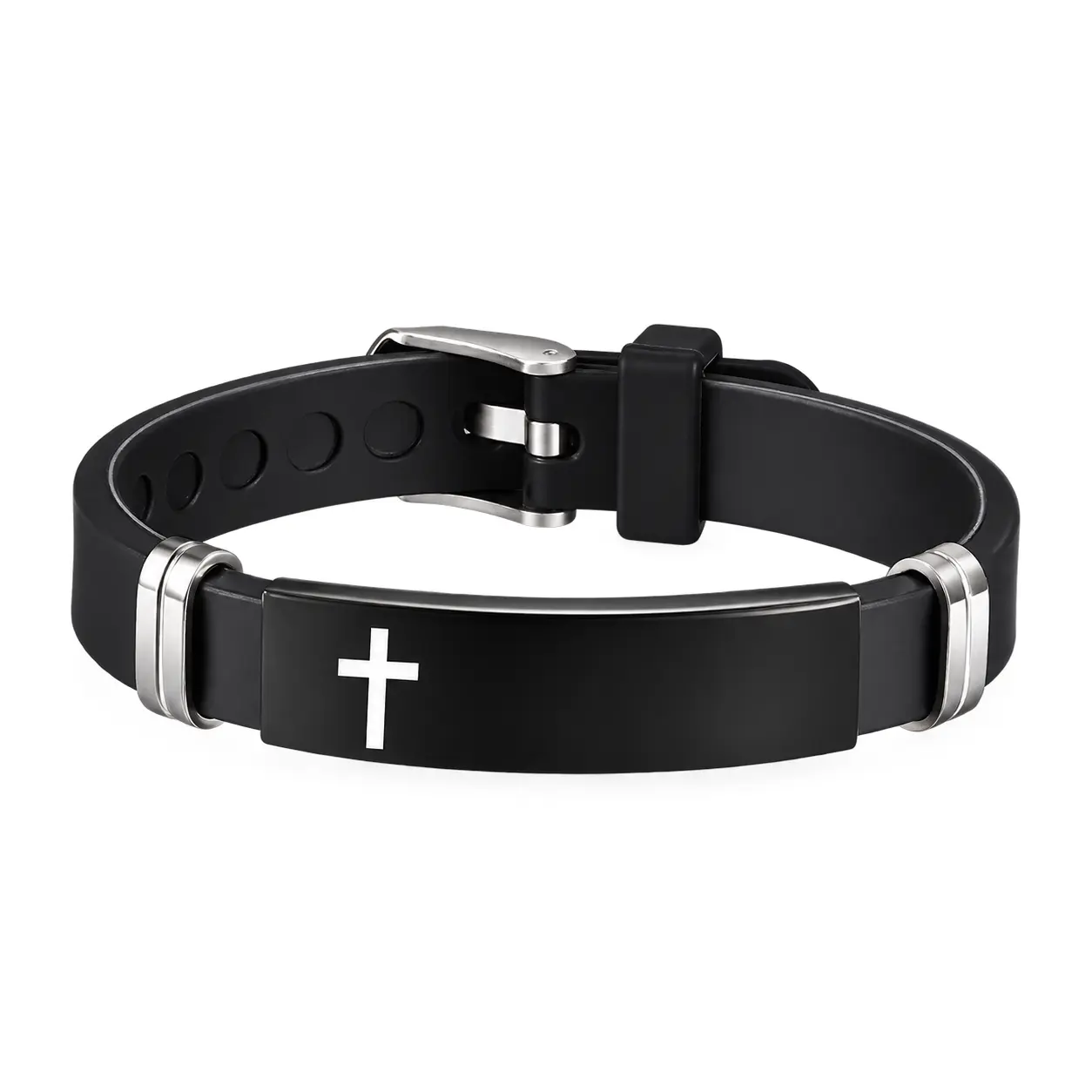 Hip-Hop Men's Cross Wristband with Carved Design in Dyed Black Silica Gel