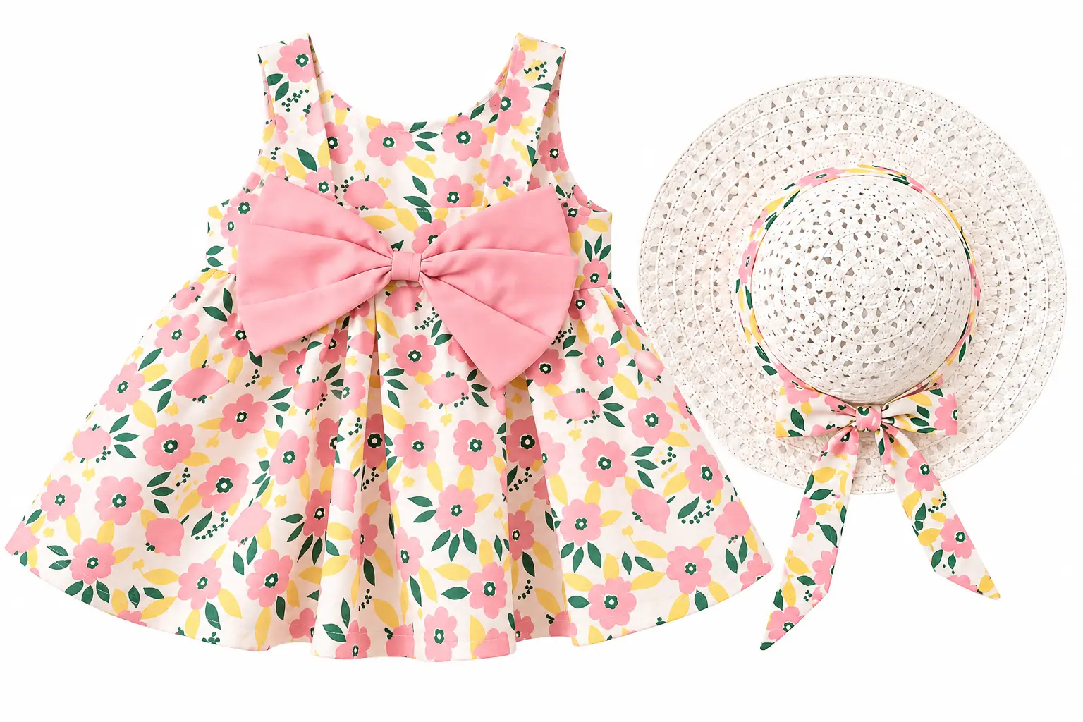 Baby Girls 2-Piece Summer Floral Party Dress & Matching Sun Hat Set - White, Pink, Green, Yellow - 1 year