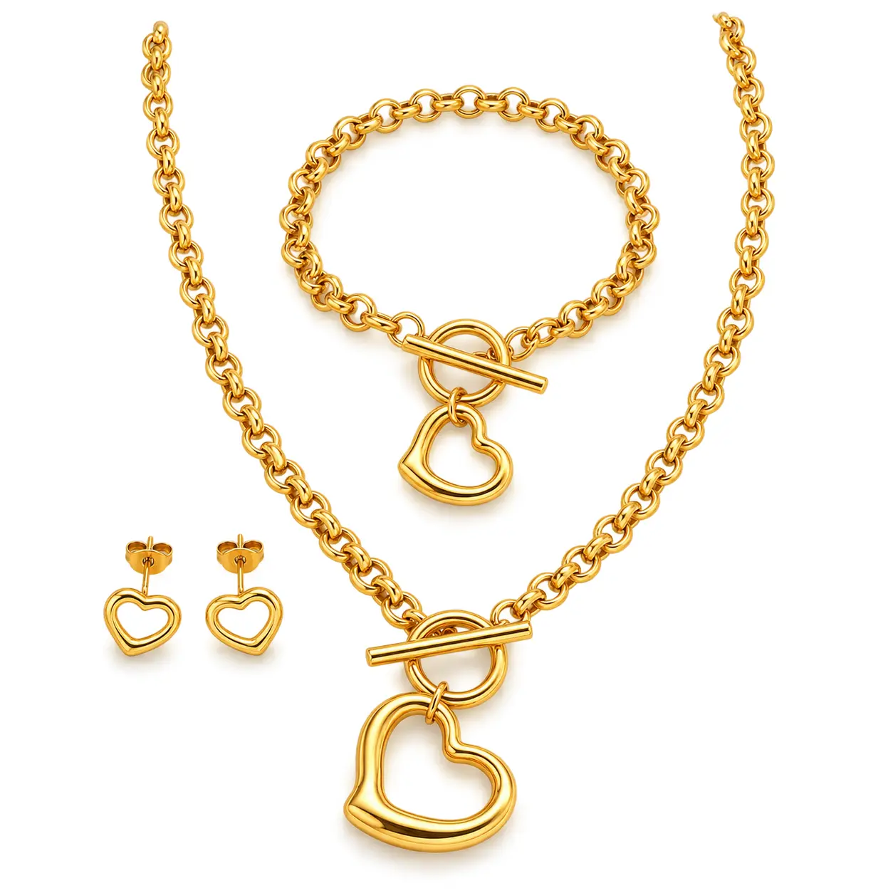 Heart Jewellery Set - Necklace, Bracelet and Earrings - Gold