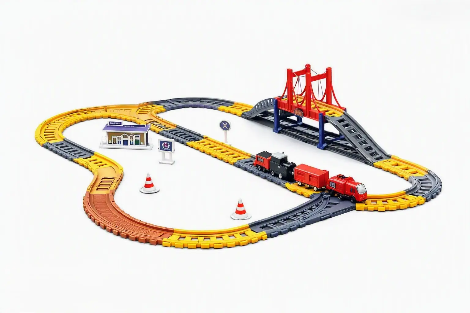 Electric Train Set with Track, Bridge, Cars and Railway Accessories for 3+