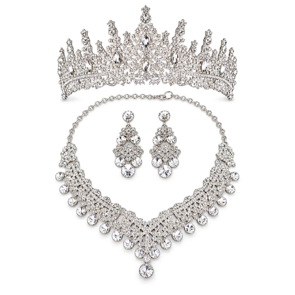 Tiara, Necklace and Earrings Jewellery Set for Women - ZUHE-023 - Silver