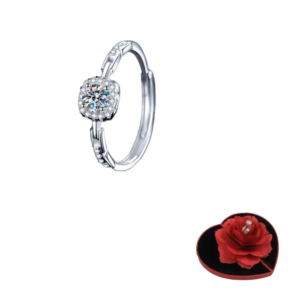 Sterling Silver Adjustable Moissanite Engagement Ring with Rose Heart Box