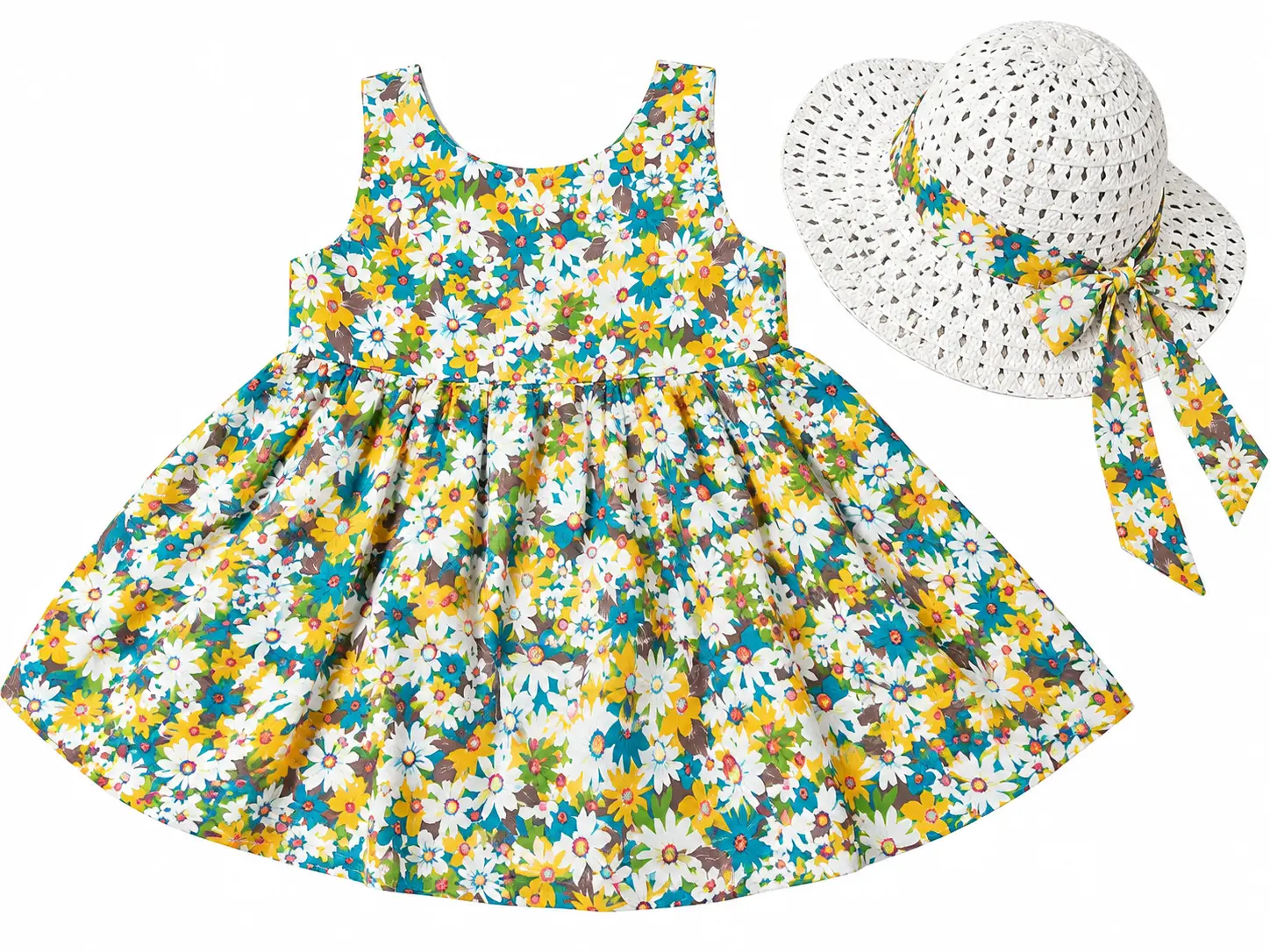 Baby Girls 2-Piece Summer Floral Party Dress & Matching Sun Hat Set - White, Yellow, Green  - 1 year