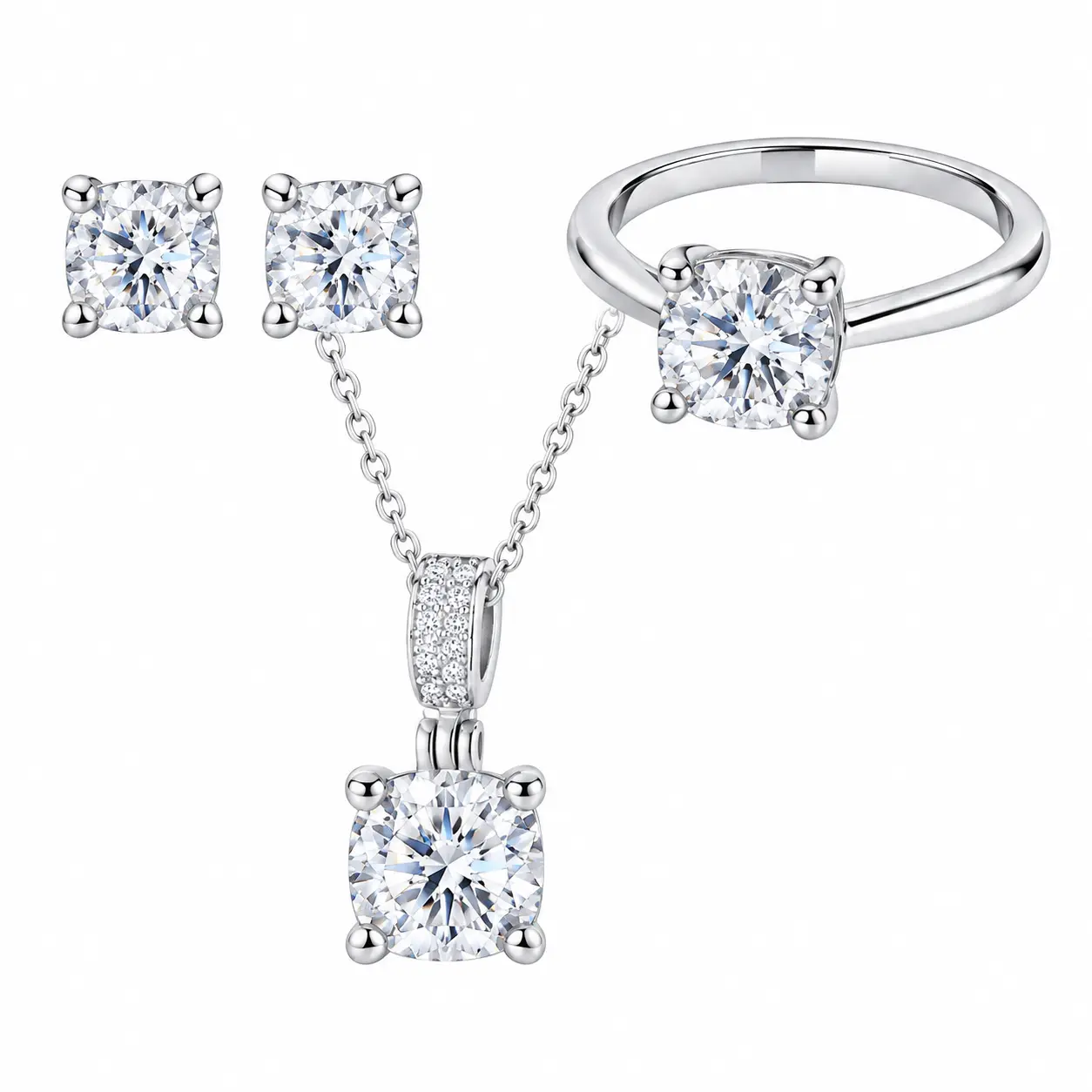 Elegant Crystal Jewelry Set - Ring, Necklace and Stud Earrings - White