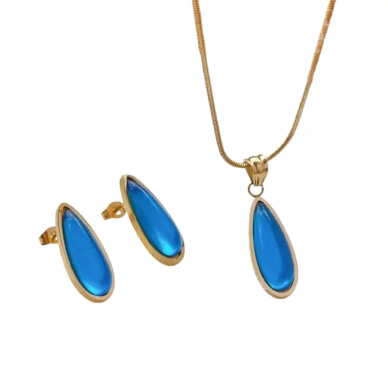 Blue Water Droplet Titanium Steel Jewelry Set for Women - Snake Chain