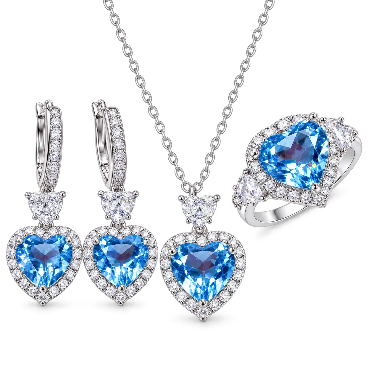 Blue Heart Necklace, Ring and Earrings Set for Women