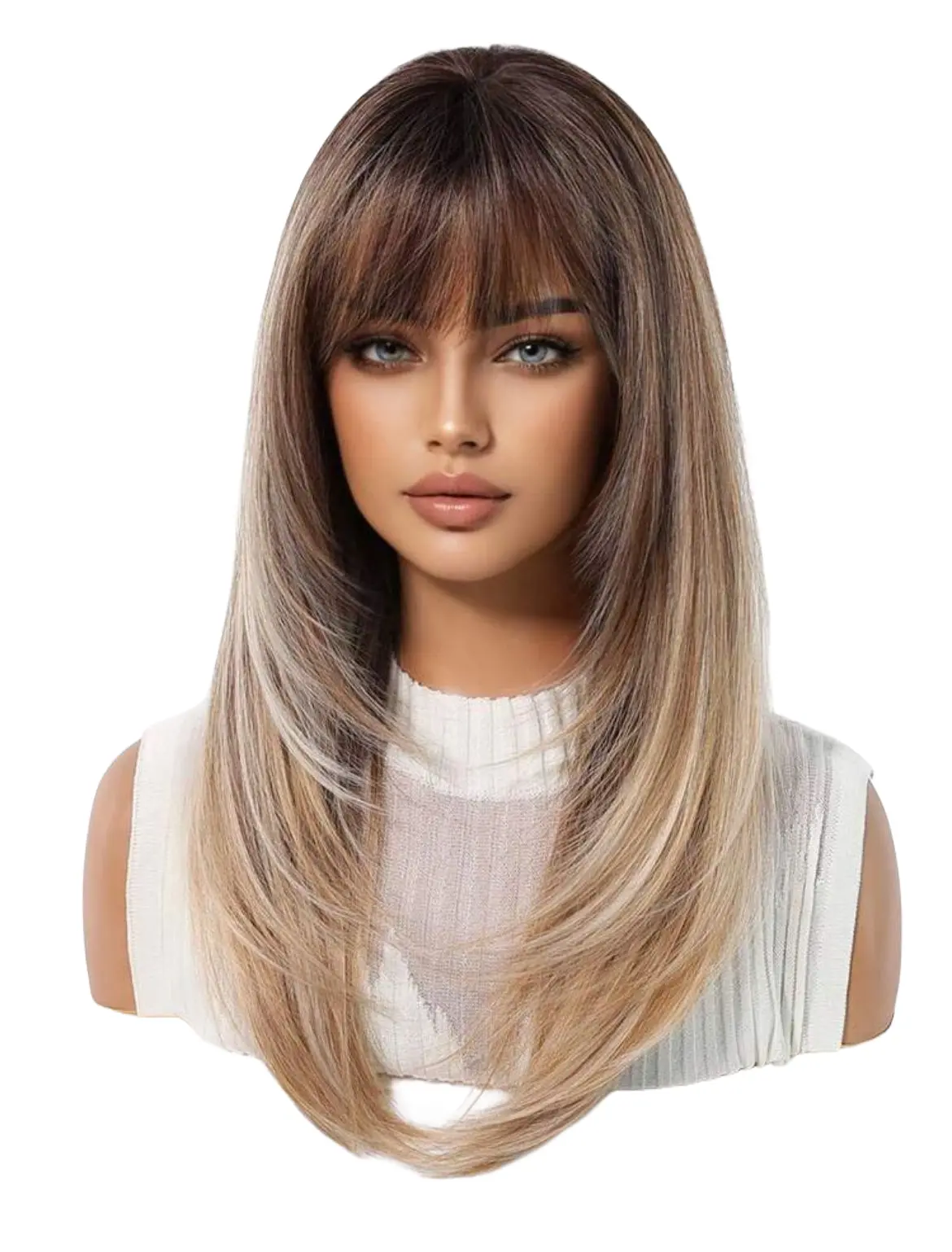 Ombre Blonde Wig with Bangs 150% Density Straight Layered Synthetic Hair XL