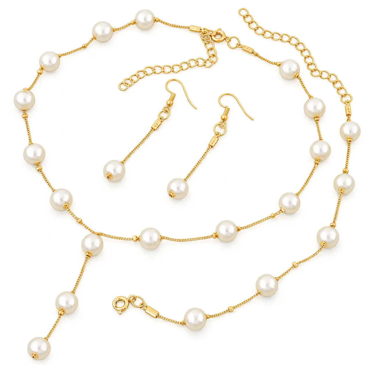 Pearl Necklace, Bracelet and Earrings Set for Women - Gold