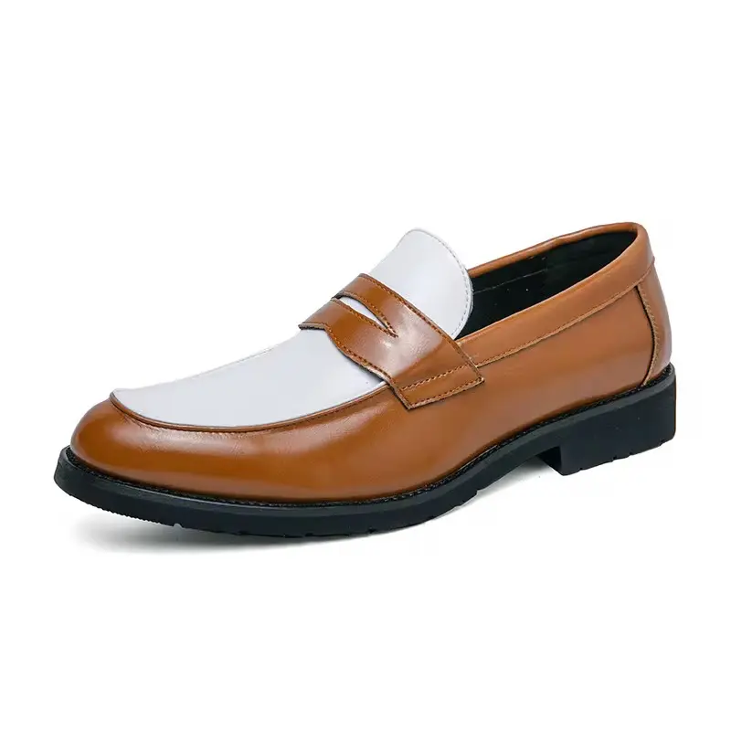 Men Leather Slip-On Casual Shoes Classic Style Comfortable Loafers - Brown, White - EU 46